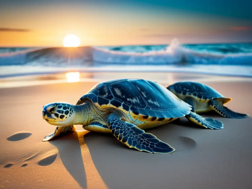 Grupo de tortugas marinas en playa remota, preparándose para anidar bajo la luz de la luna