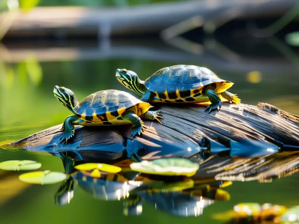 Grupo de tortugas de orejas rojas disfrutando del sol en un tronco parcialmente sumergido en un estanque