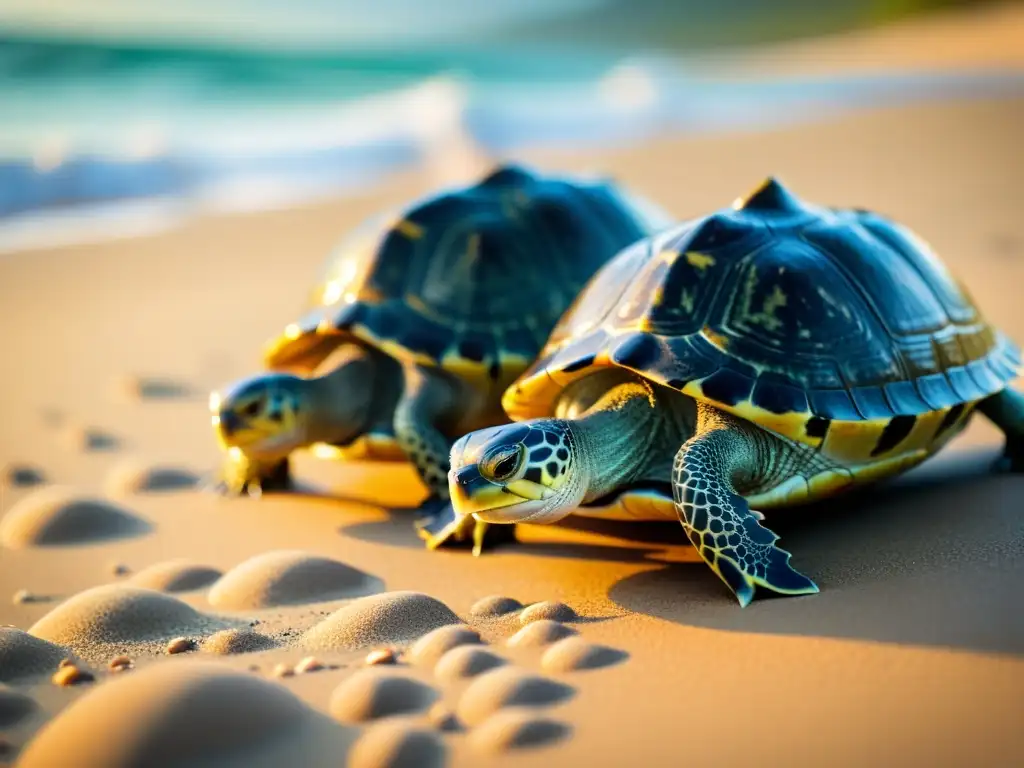 Un grupo de tortugas en la playa, con detalles de caparazones y expresiones