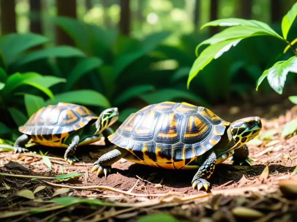 Un grupo de tortugas terrestres se desplaza lentamente por el exuberante suelo del bosque, mientras la luz del sol destaca los detalles de sus caparazones