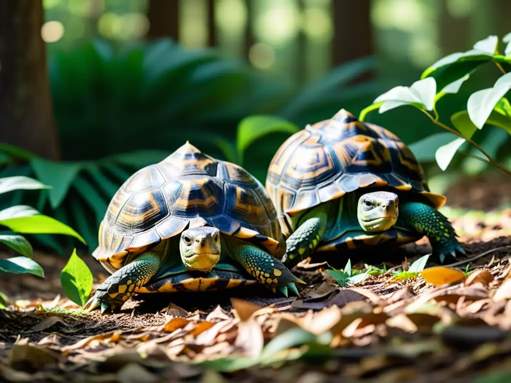 Un grupo de tortugas terrestres avanza con determinación a través de un exuberante bosque