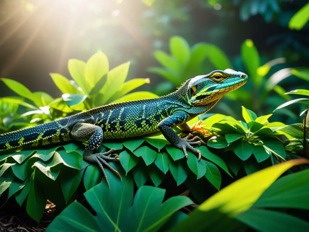 Grupo de varanos invasores explorando exuberante paisaje tropical