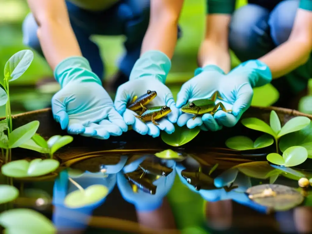 Un grupo de voluntarios apasionados libera renacuajos en un estanque soleado, transmitiendo la naturaleza conservacionista del artículo sobre programas de apadrinamiento de anfibios