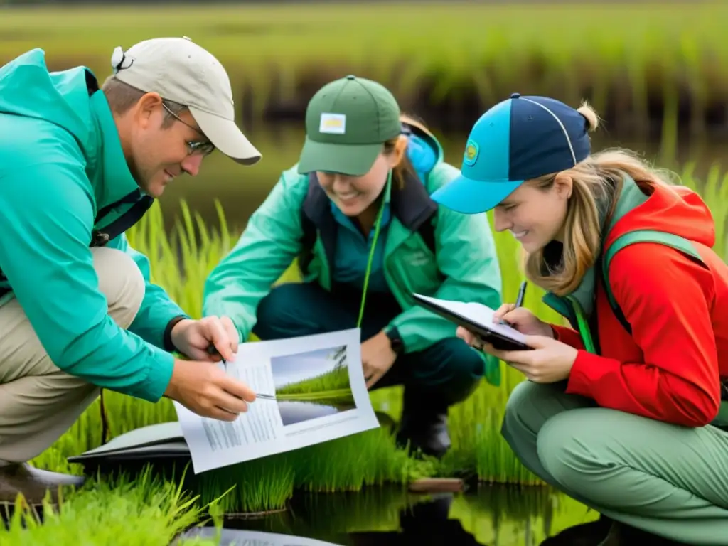 Un grupo de voluntarios y científicos trabajando juntos en un humedal, documentando y estudiando especies de anfibios