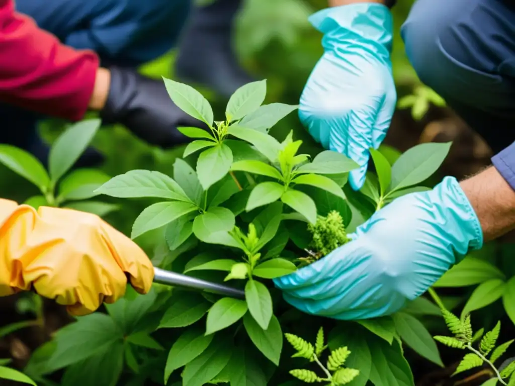 Grupo de voluntarios y conservacionistas removiendo plantas invasoras, prevención de propagación especies exóticas