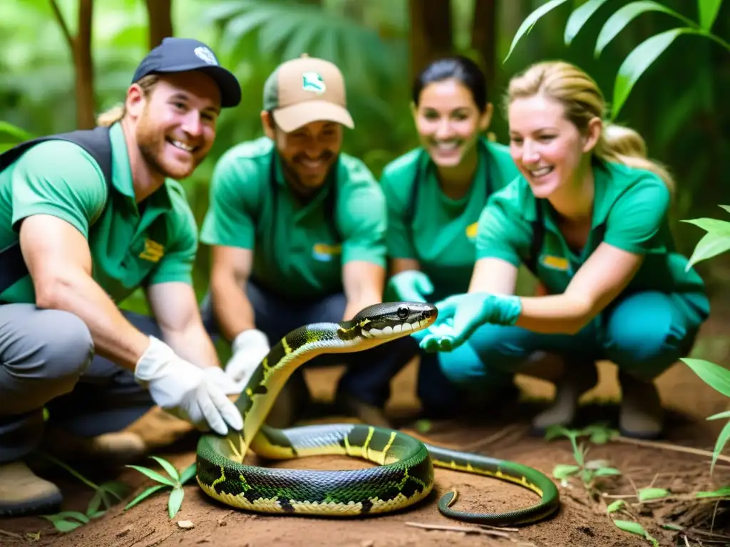 Grupo de voluntarios liberando cuidadosamente una serpiente rehabilitada en su hábitat natural en un programa de conservación de reptiles