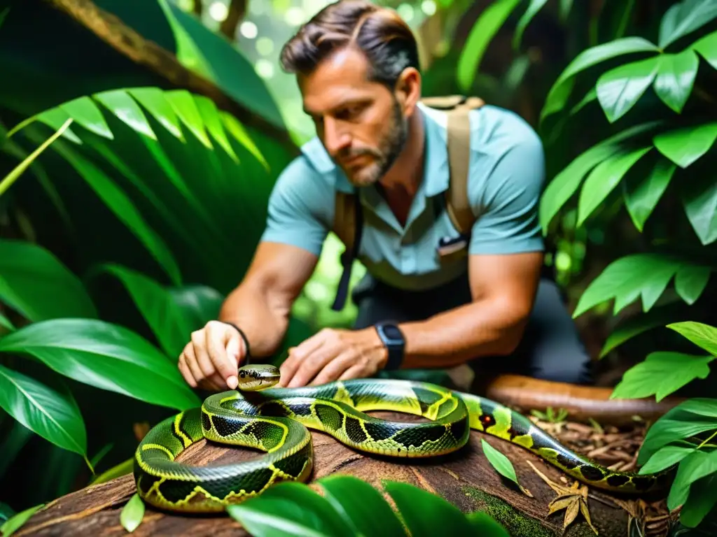 Un guía de naturaleza especializado en reptiles maneja con cuidado una serpiente vibrante en la exuberante selva