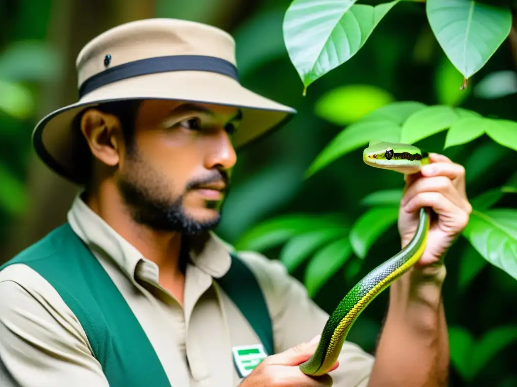 Un guía de naturaleza especializado en reptiles sostiene una serpiente verde en la selva tropical