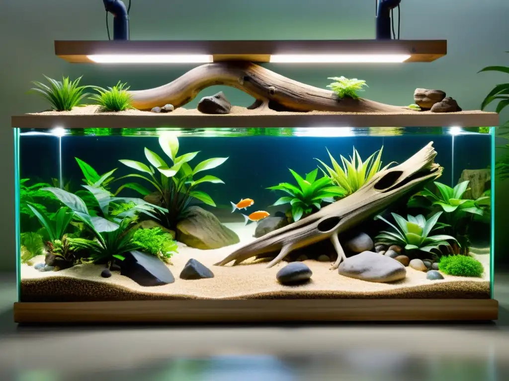 Un hábitat acuático enriquecido para reptiles con plantas, agua clara y áreas de descanso, recreando un entorno natural