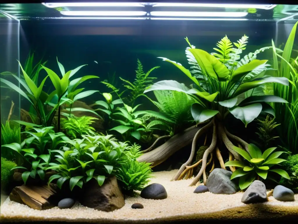 Un hábitat acuático exuberante y detallado para reptiles, con plantas y escondites estratégicos