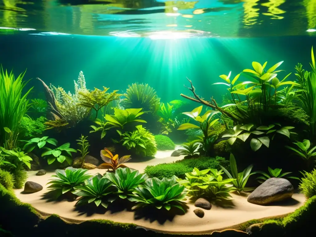 Un hábitat acuático exuberante y vibrante para reptiles, con plantas sumergidas y agua cristalina