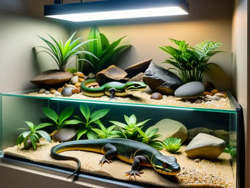 Un hábitat amplio y bien cuidado para reptiles, con diversas especies cohabitando en un entorno natural