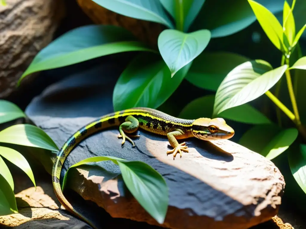 Un hábitat artificial para reptiles con rocas intrincadas, vegetación exuberante y una pequeña característica de agua