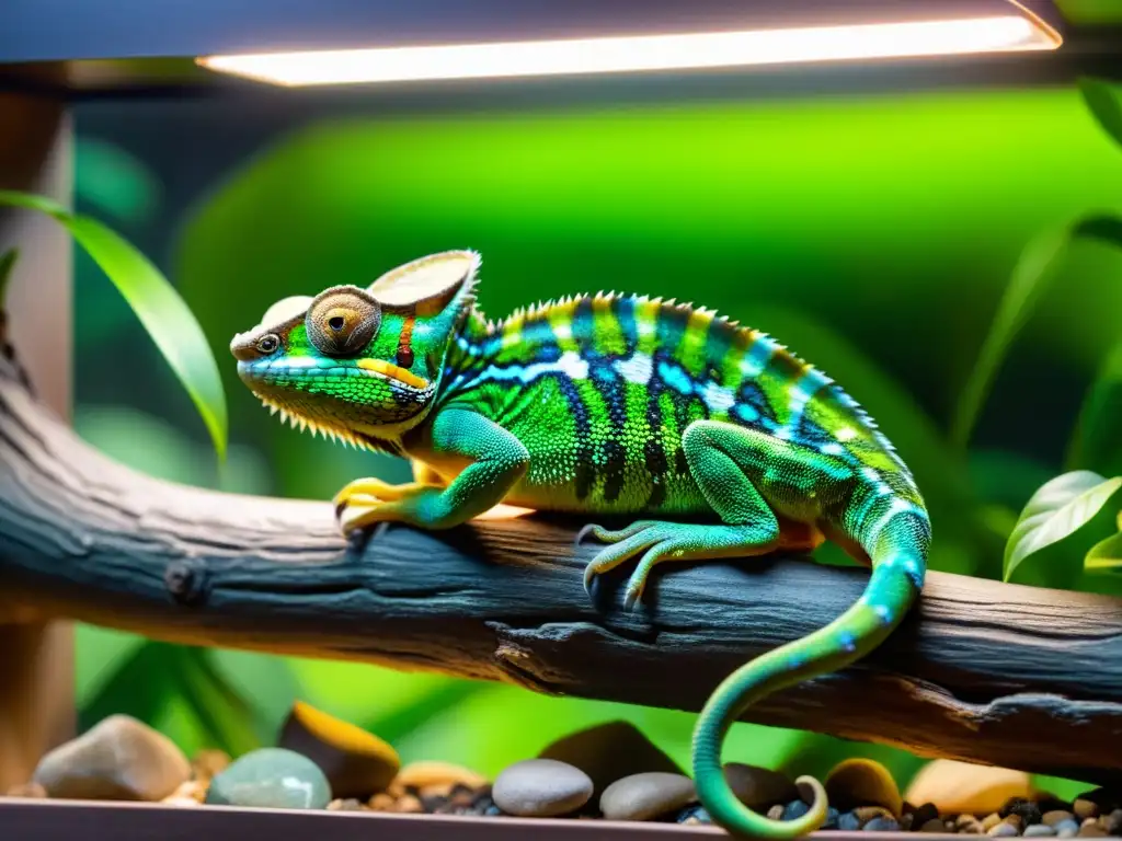 Un hábitat cautivo detallado con iluminación LED destaca el impacto en reptiles, captando la esencia de esta tecnología