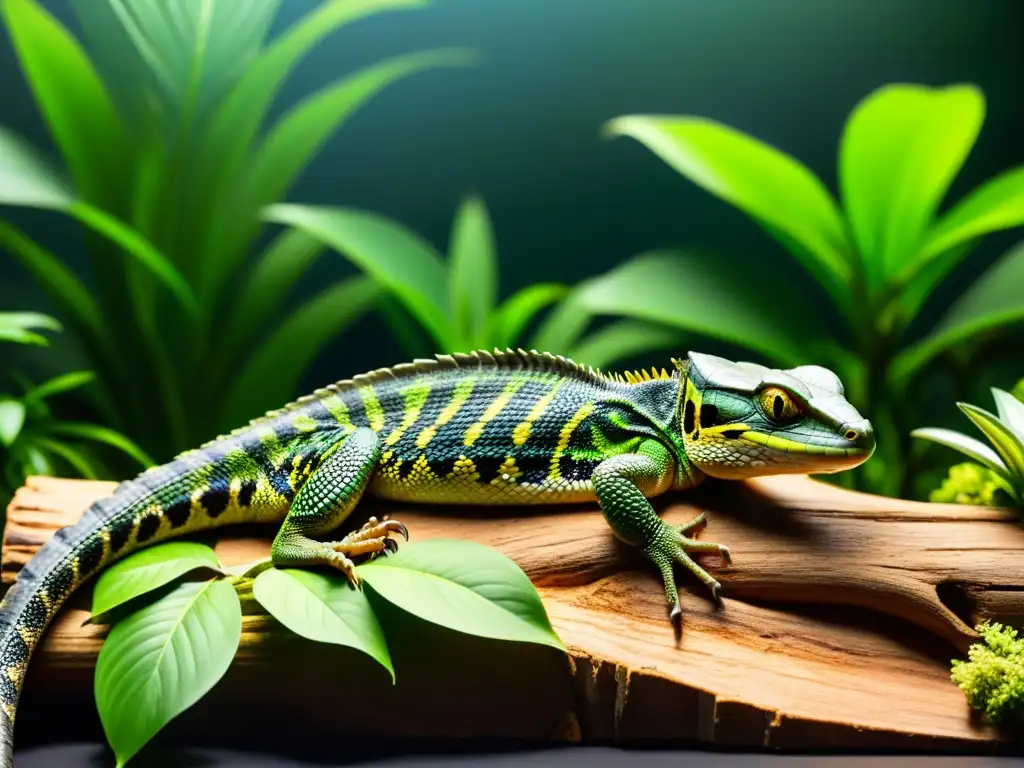 Un hábitat detallado con plantas, rocas y troncos para preparar hogar llegada reptil