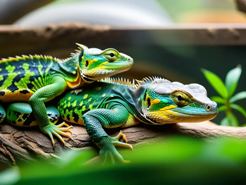 Un hábitat enriquecido muestra reptiles cautivos interactuando de forma natural, destacando el enriquecimiento ambiental para reptiles cautivos