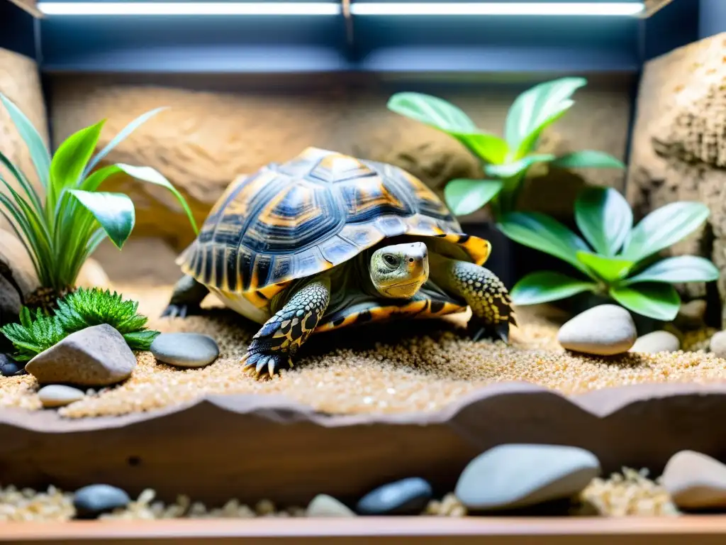 Un hábitat espacioso y natural para tortugas en cautiverio, con plantas, rocas y agua limpia