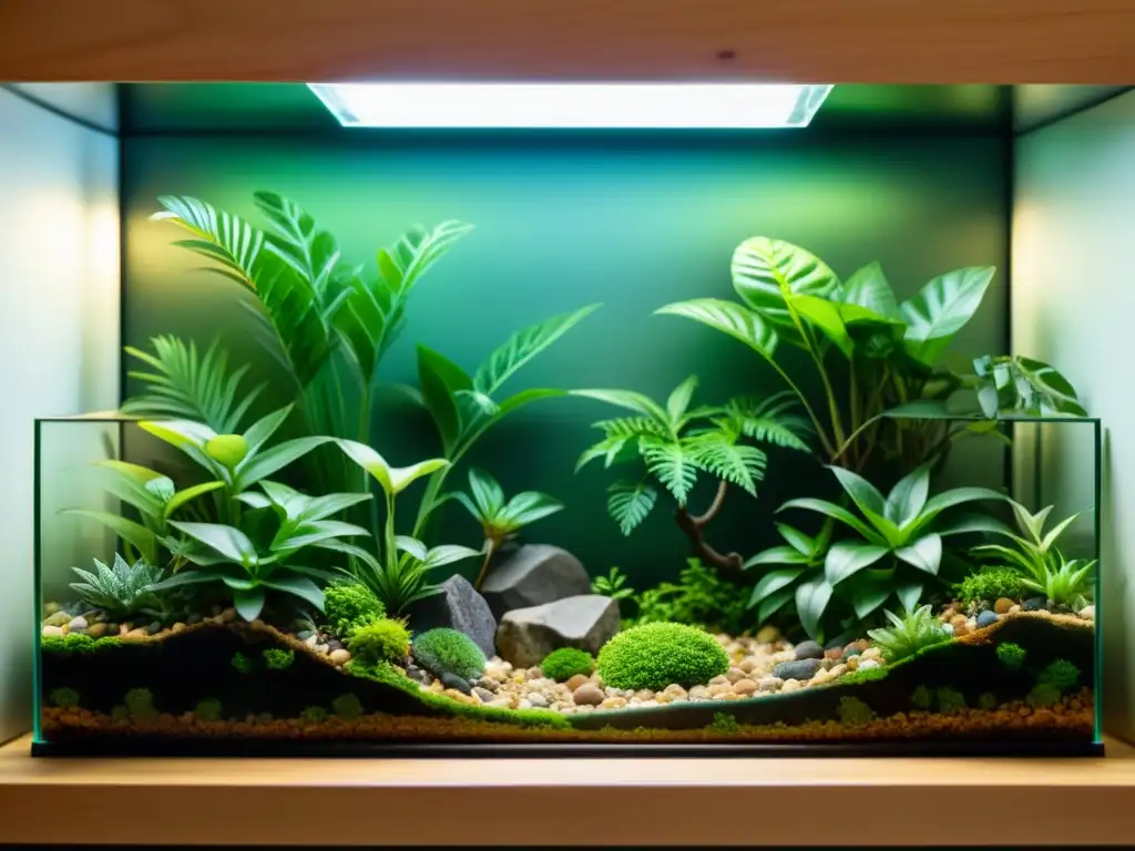 Un hábitat ideal para reptiles en un exquisito terrario, con una diversa y exuberante vegetación