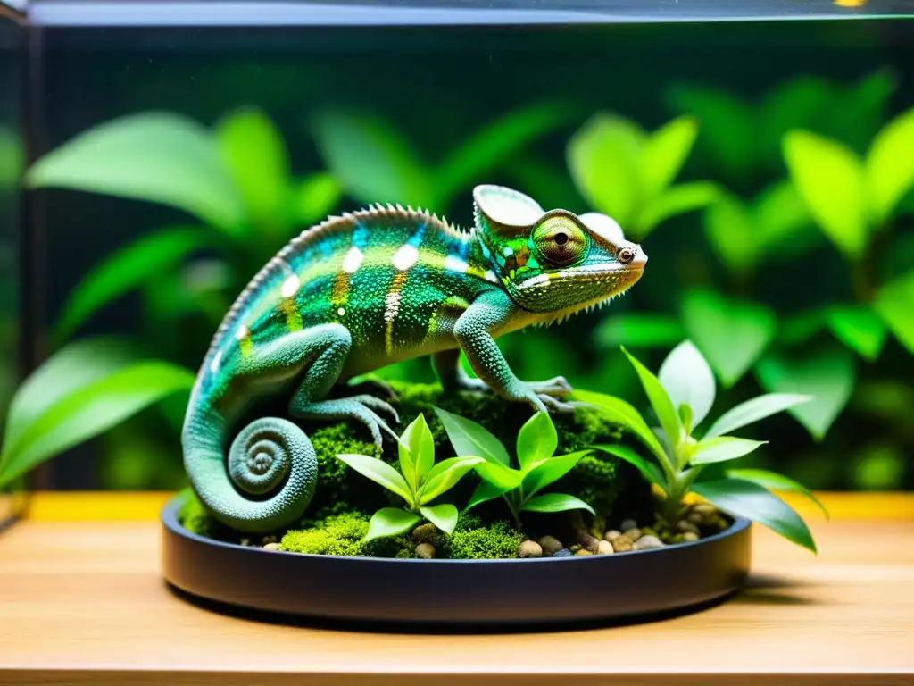 Un hábitat ideal para reptiles en un terrario exuberante con plantas verdes, cascada y un camaleón camuflado