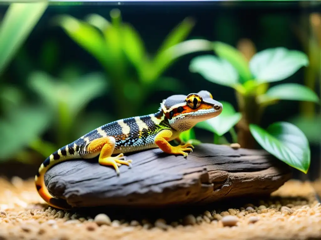 Un hábitat natural con plantas y un reptil descansando, listo para la llegada de un nuevo compañero reptil