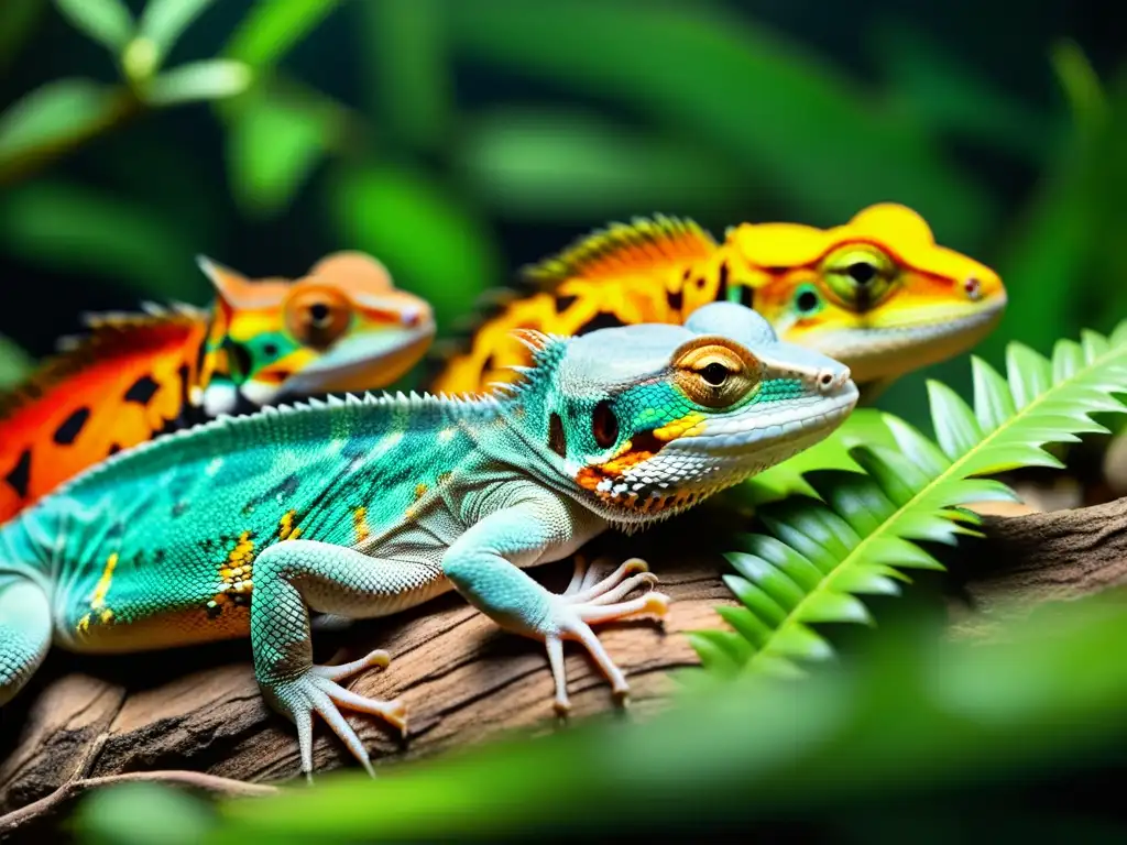 Un hábitat naturalístico donde lagartos y geckos cohabitan en armonía, mostrando sus patrones y colores vibrantes bajo la luz solar simulada