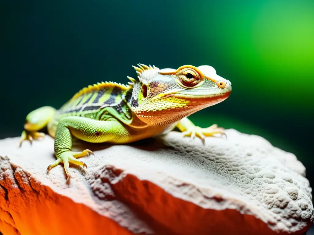 Un hábitat meticulosamente organizado para reptiles, con un reptil descansando bajo una lámpara UV