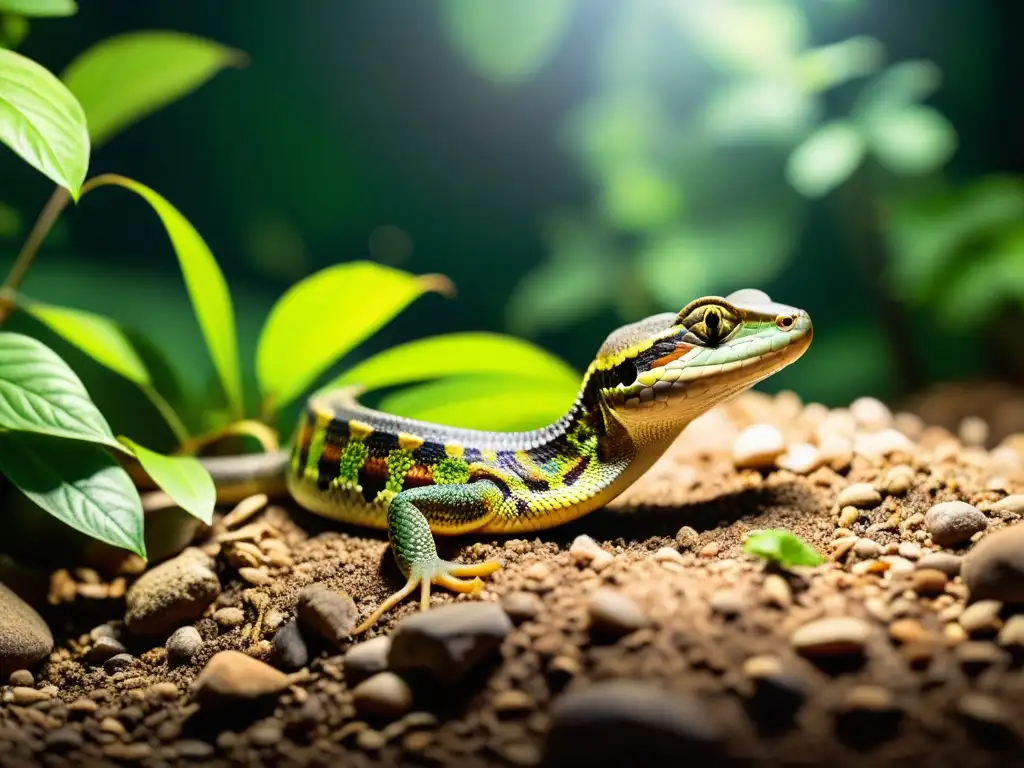 Un hábitat reptil detallado con texturas intrincadas, luz filtrada y un reptil parcialmente oculto entre el follaje