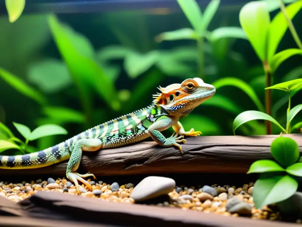 Un hábitat de reptiles exuberante y detallado, con plantas nativas, rocas y un pequeño estanque