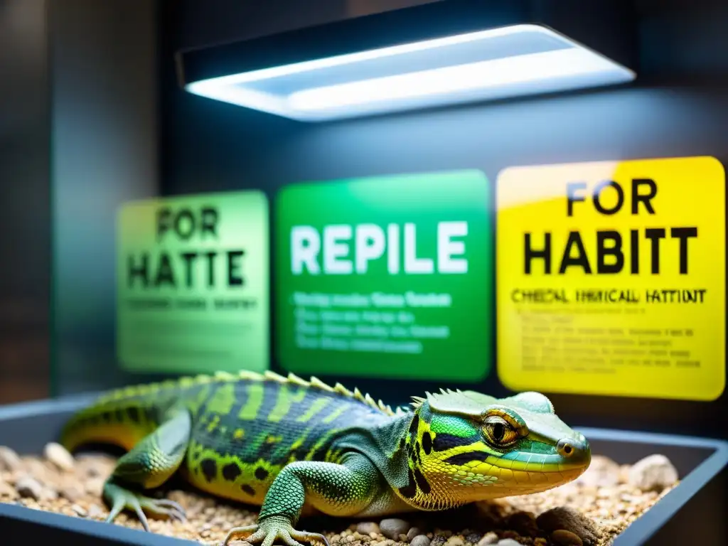 Un hábitat de reptiles con señales de advertencia sobre riesgos de exposición a productos químicos