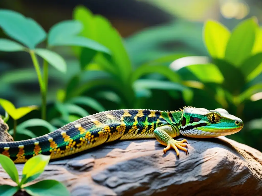 Un hábitat soleado con reptiles conviviendo en armonía, mostrando los beneficios de convivencia entre reptiles en un ecosistema diverso y vibrante