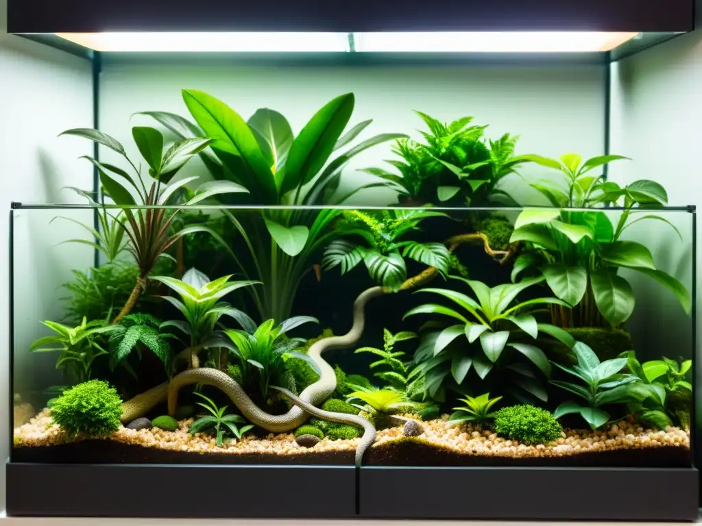 Un hábitat tropical exuberante y detallado para reptiles cautivos, con plantas vibrantes y enriquecimiento ambiental para reptiles cautivos