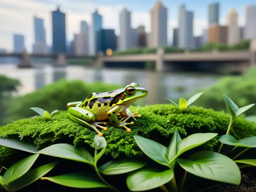 Un hábitat urbano próspero para ranas, revelando su piel detallada en hojas verdes, entre la ciudad