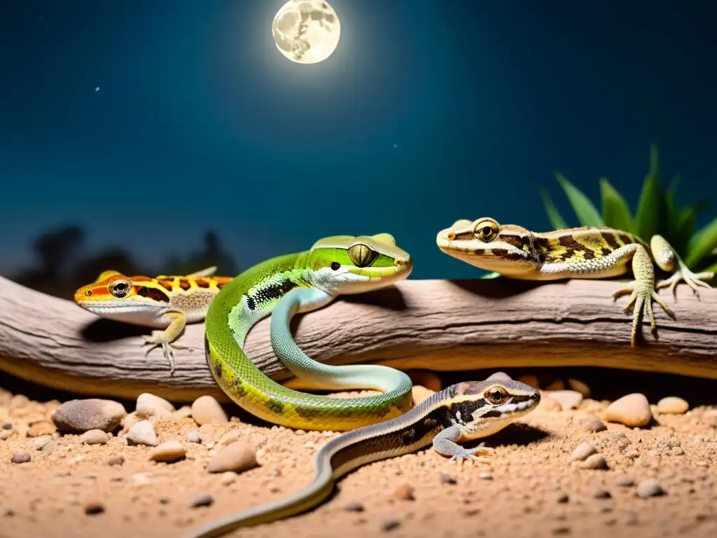 Hábitos nocturnos de reptiles en su hábitat natural, cazando y comunicándose bajo la luz de la luna