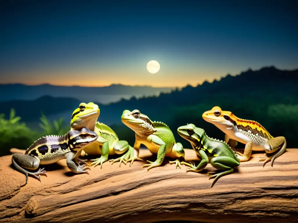 Hábitos nocturnos de reptiles y anfibios: imagen detallada de su vida en su hábitat natural, iluminados por la luz de la luna