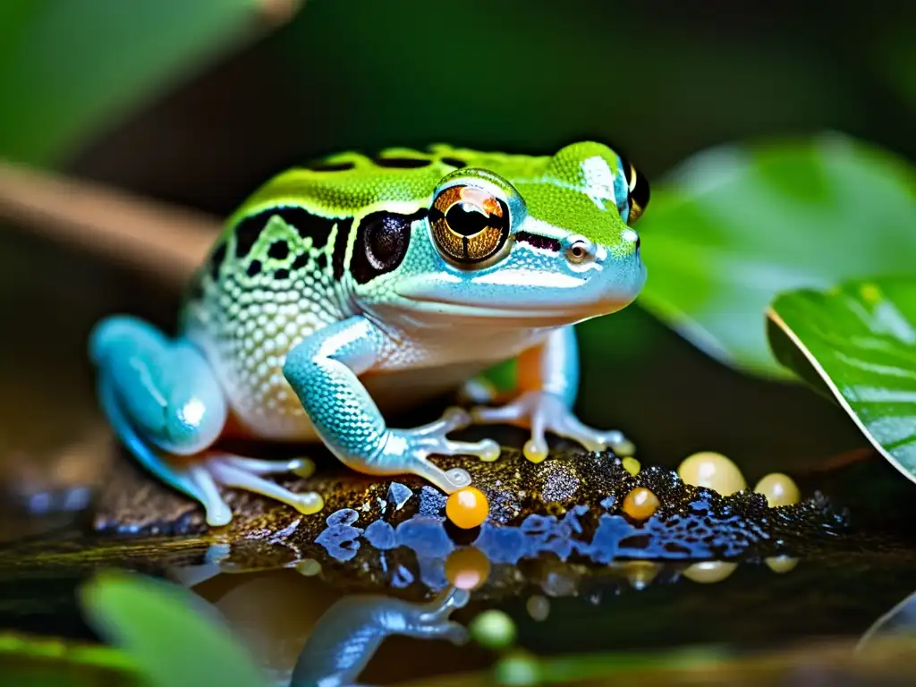 Una hembra de anfibio cuidando de sus huevos en su hábitat natural, mostrando el cuidado parental en reptiles y anfibios