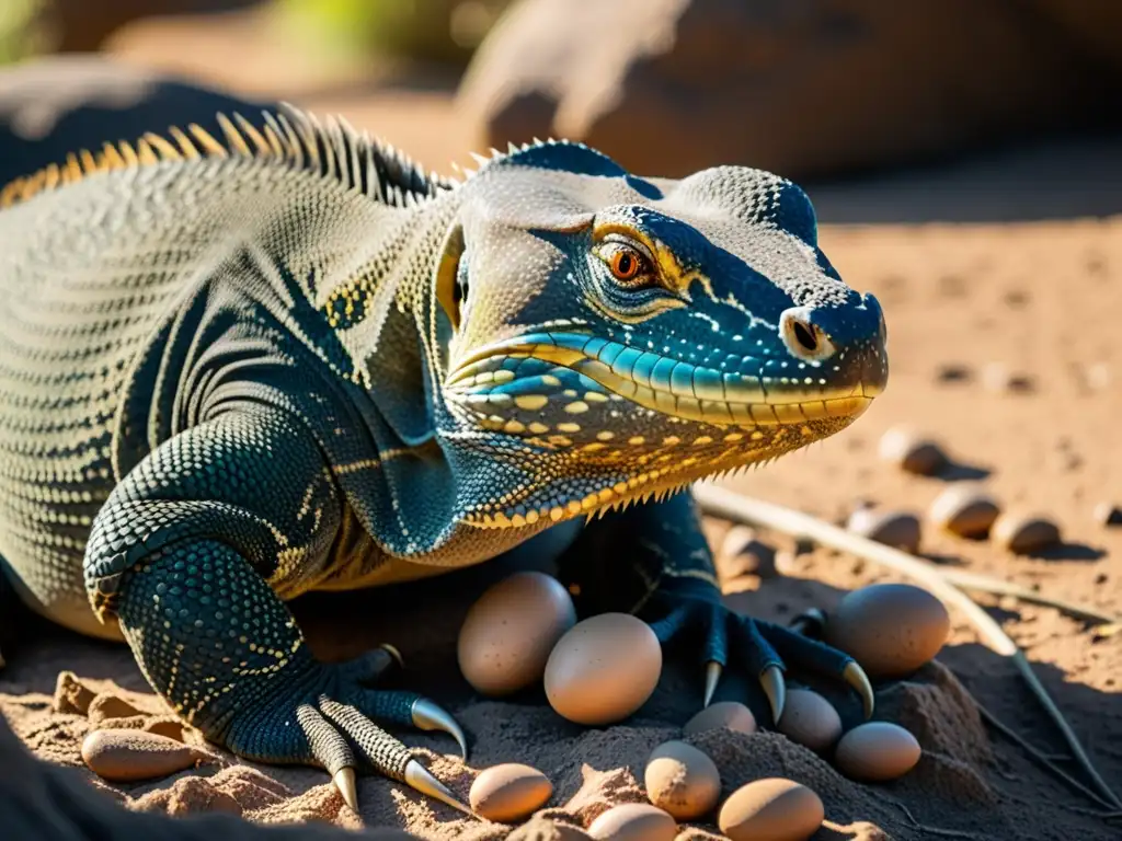 Una hembra de dragón de Komodo pone huevos en su nido, con sombras y detalles en sus escamas iluminados por el sol