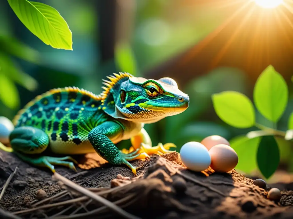 Una hembra reptil cuida con atención su nidada en un hábitat natural, mostrando comportamientos parentales reptiles anfibios