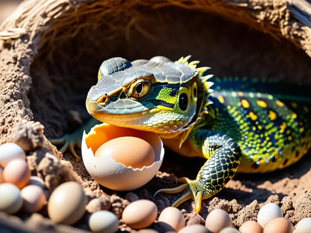 Una hembra reptil depositando huevos en su nido, con el sol iluminando sus escamas