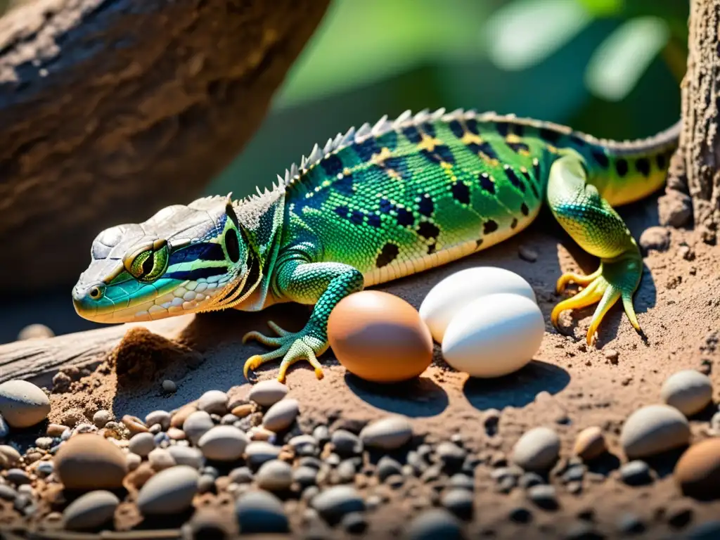 Una hembra de reptil cuidadosamente pone sus huevos en un nido seguro, mientras el macho protege