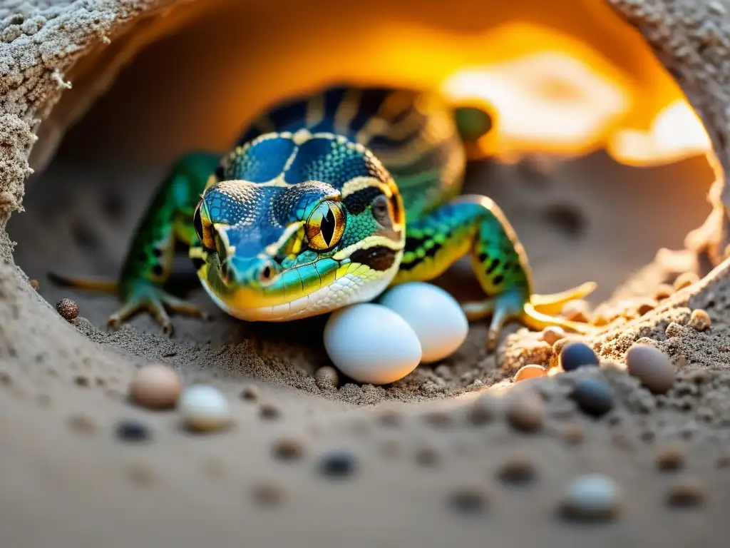 Una hembra reptil cuidadosamente anidando sus huevos en un nido arenoso