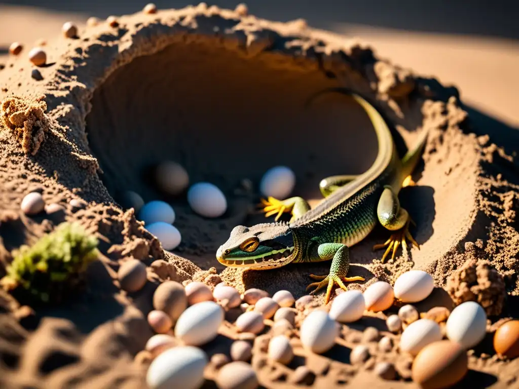 Una hembra reptil entierra cuidadosamente sus huevos en un nido, protegiéndolos con sus estrategias de protección