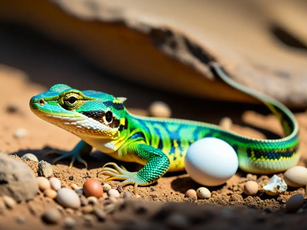 Una hembra de reptil, posiblemente una lagartija o serpiente, incuba huevos en un entorno natural