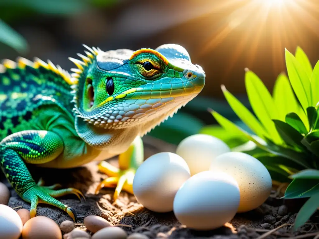 Una hembra reptil cuida celosamente su nido de huevos, resaltando sus escamas al sol