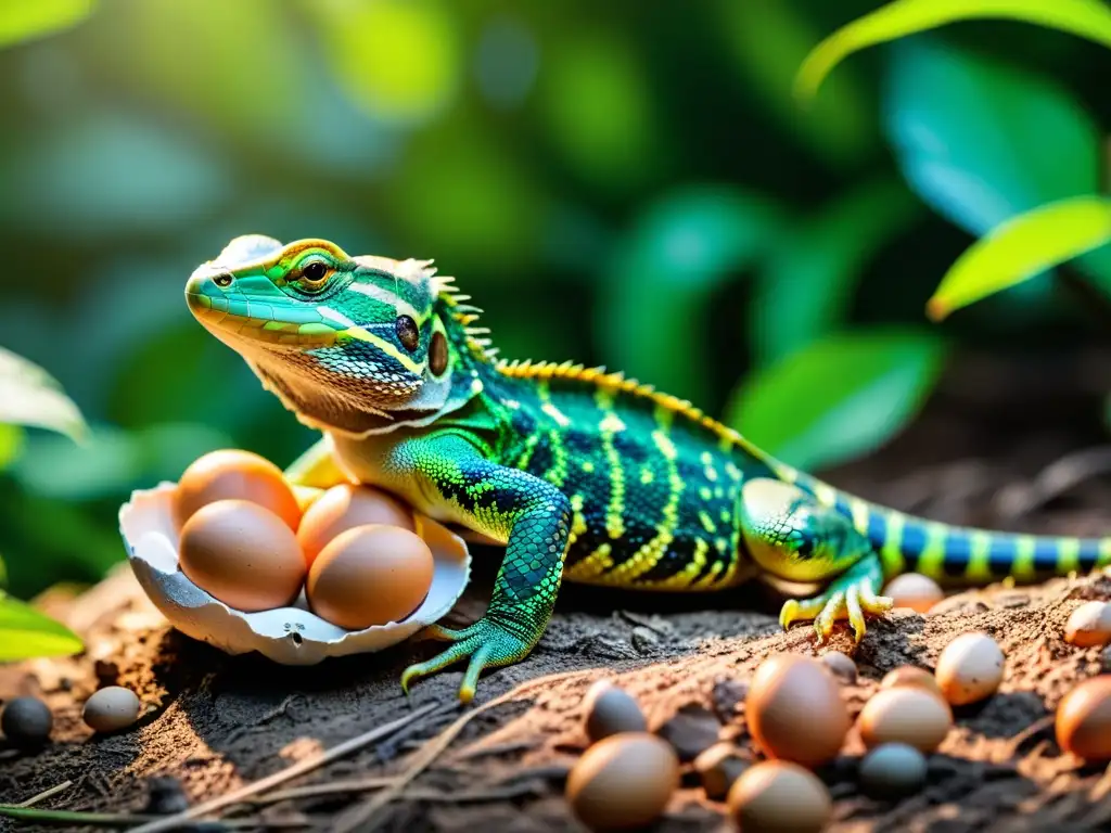 Una hembra reptil cuida su nido de huevos en un entorno natural