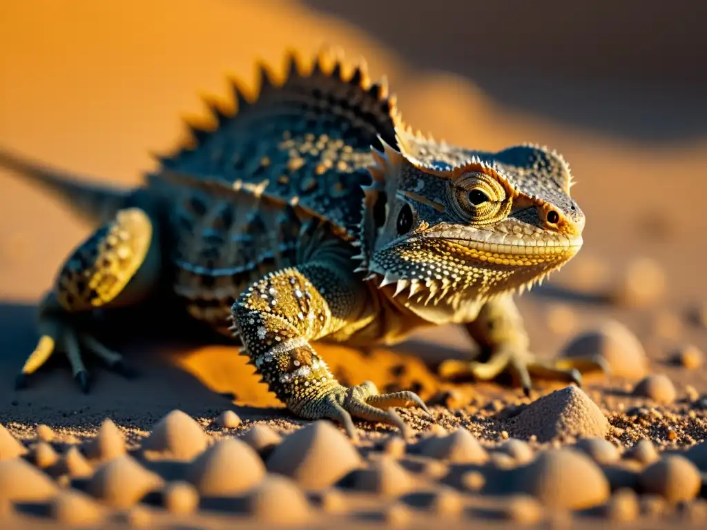 Hermosa especie de reptiles con defensas extraordinarias camuflada en la arena del desierto, con escamas puntiagudas y patrón de camuflaje