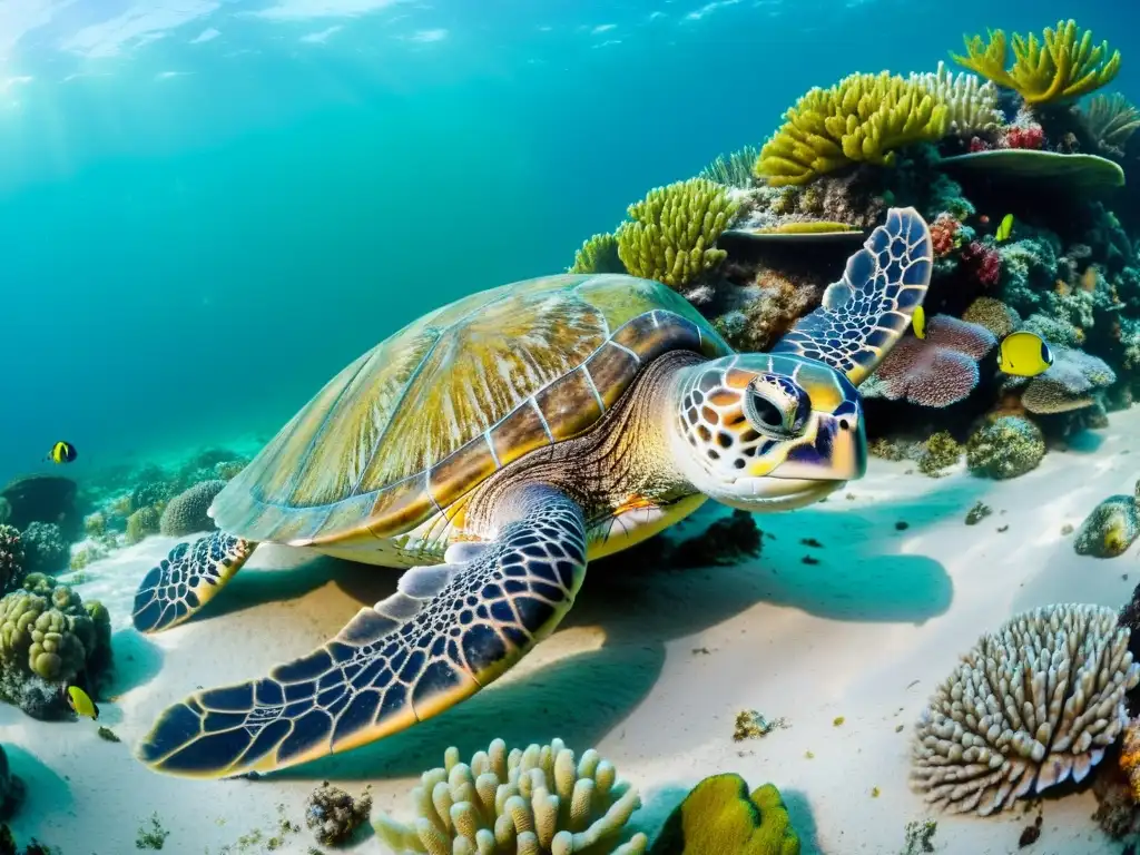 Una hermosa tortuga marina nada con gracia entre corales y peces tropicales, llevando un dispositivo de monitoreo satelital