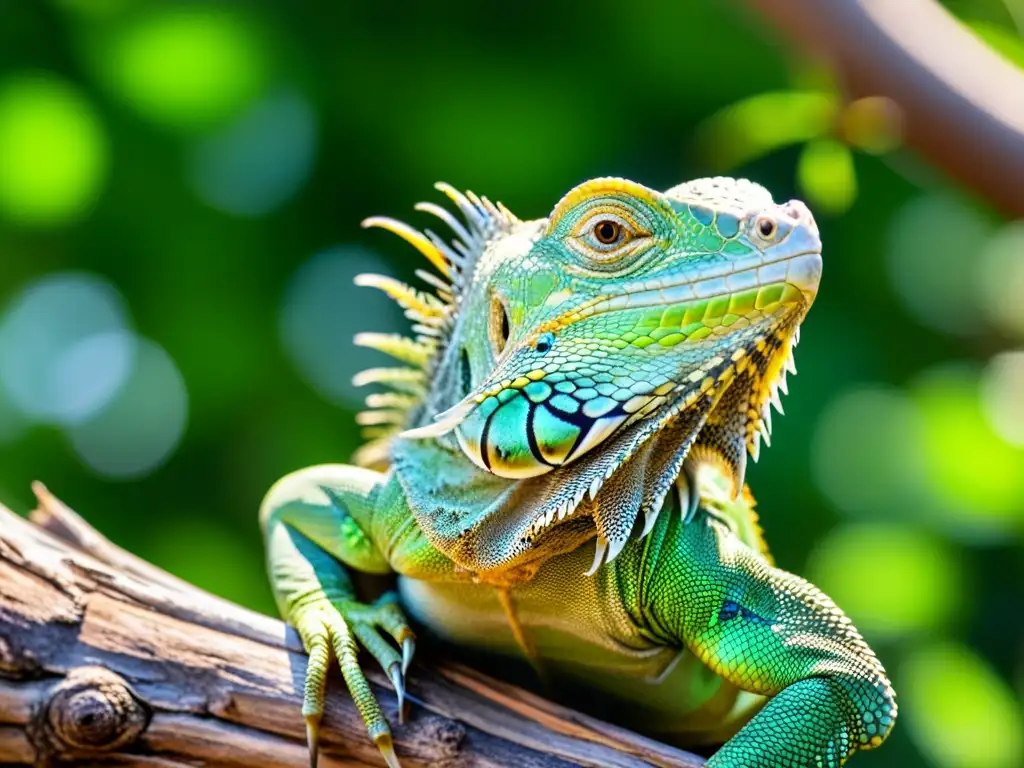 Una hermosa iguana verde posada en una rama, bañada por la luz del sol entre las hojas