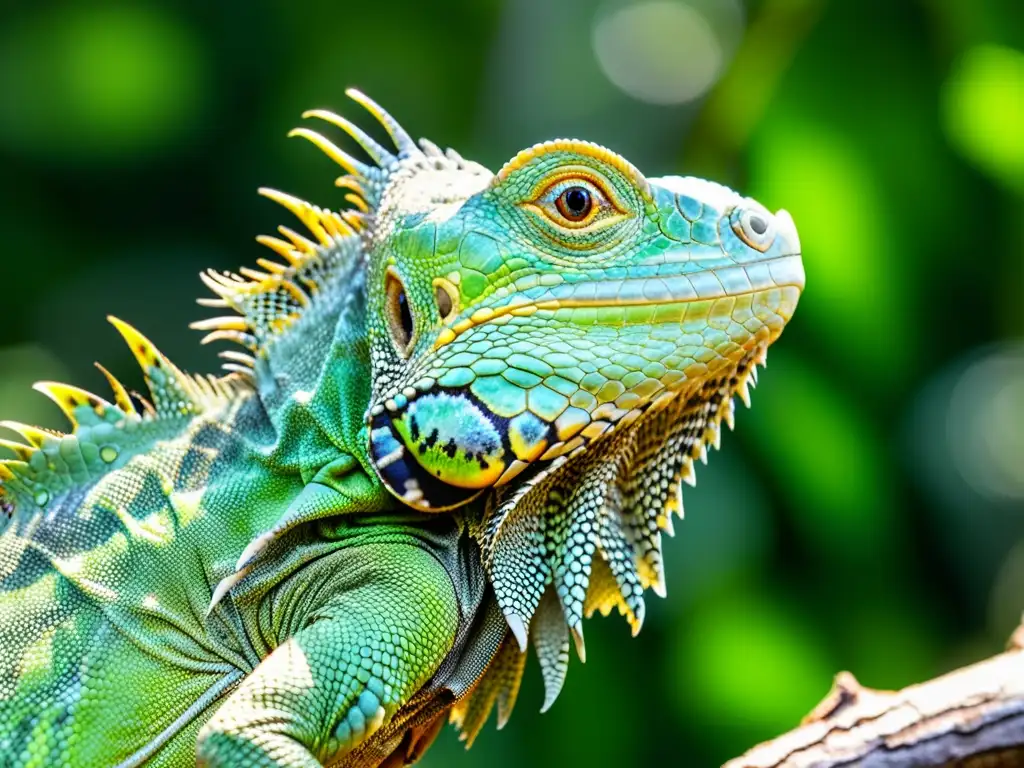 Una hermosa iguana verde descansa en una rama, revelando la importancia de los reptiles en la conservación de ecosistemas