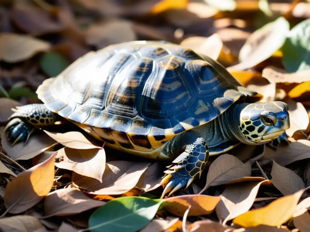 Hermosa imagen de una tortuga hibernando entre hojas caídas