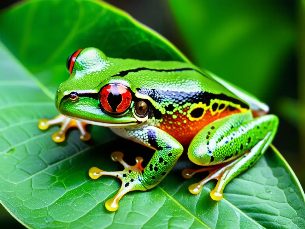 Una hermosa rana arbórea verde en la selva tropical, destacando la conservación de reptiles y su impacto positivo en otros animales